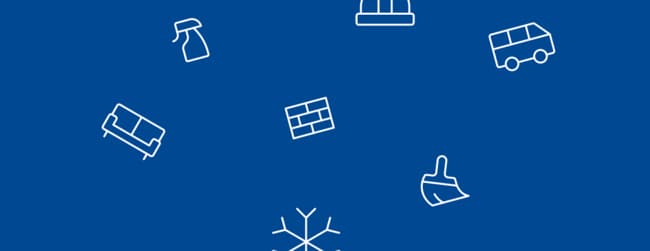 Symbole für Gebäudereinigung auf blauem Hintergrund.